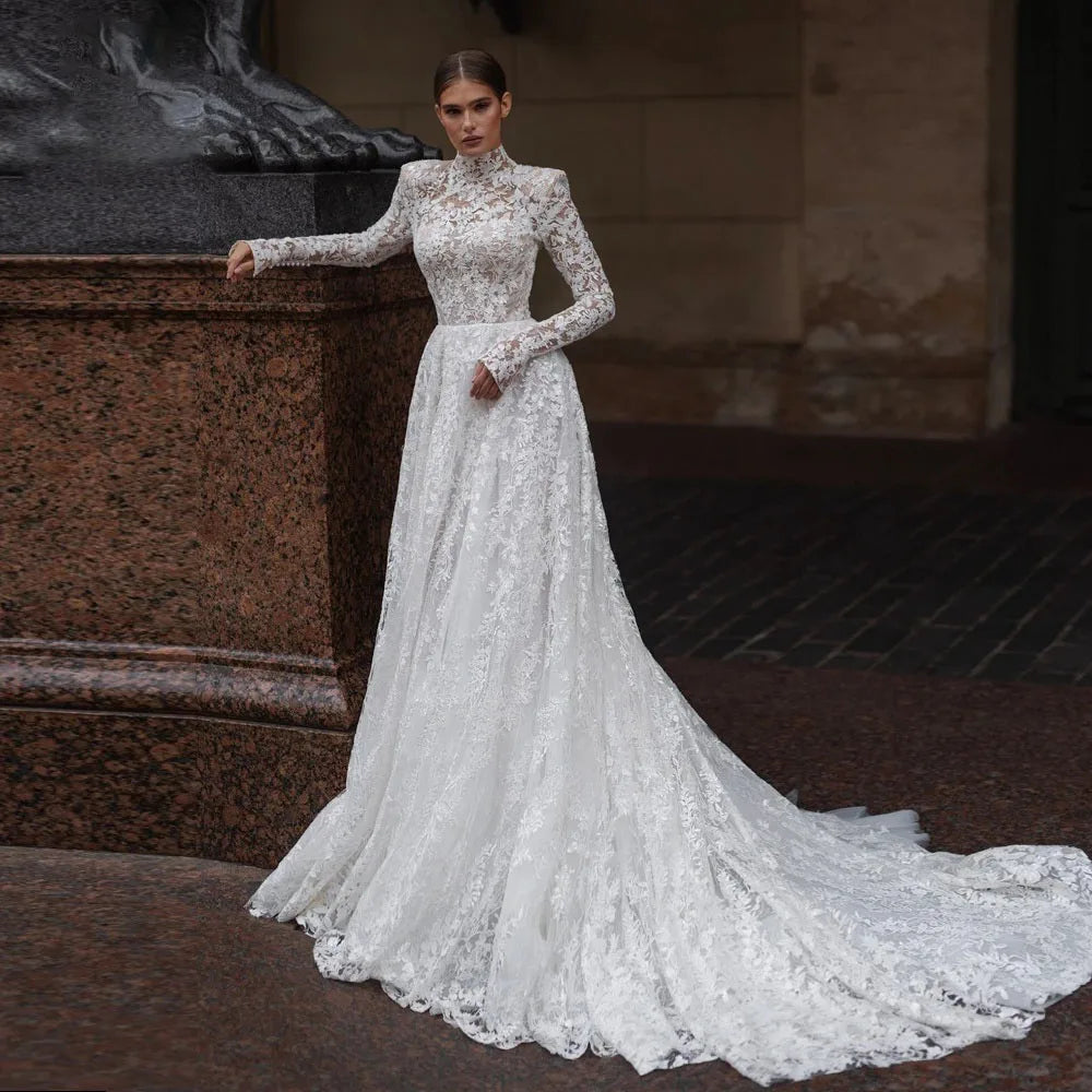 Elegant High Neck Women's A-Line Wedding Dress - All For Me Today