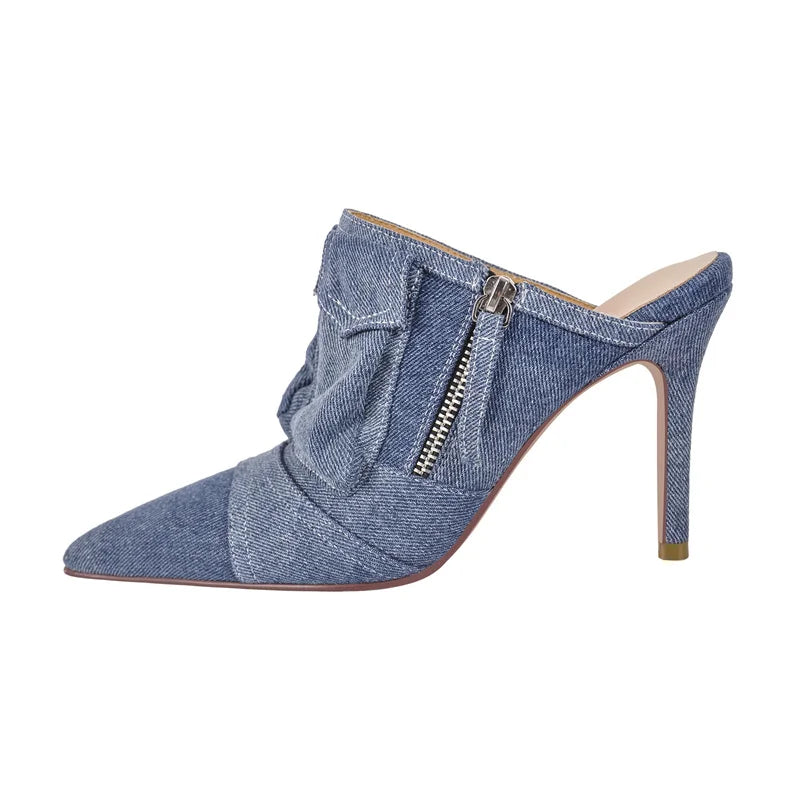 Denim Pointed Toe Women's Stiletto Mules All For Me Today