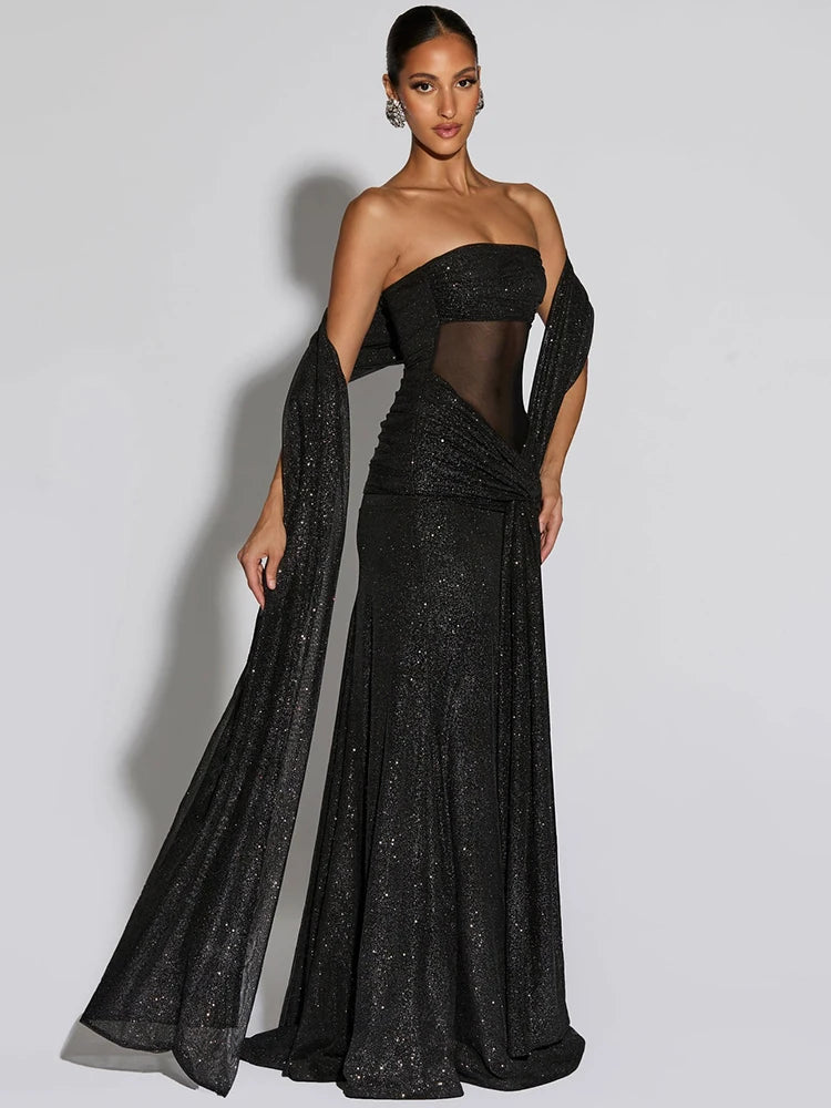 Women Elegant Off-shoulder Sparkling Maxi Dress
