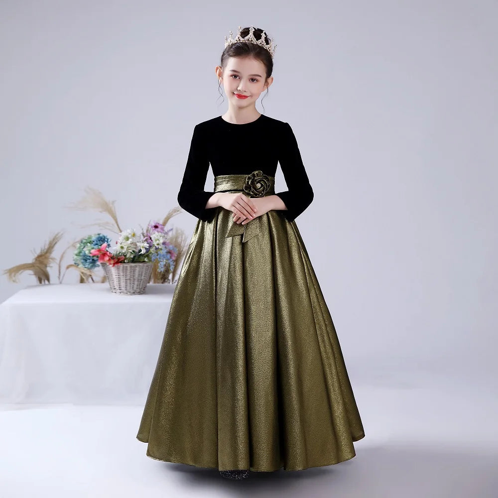 black and gold junior bridesmaid dresses Black Flower Girl Dress with Gold Bowknot