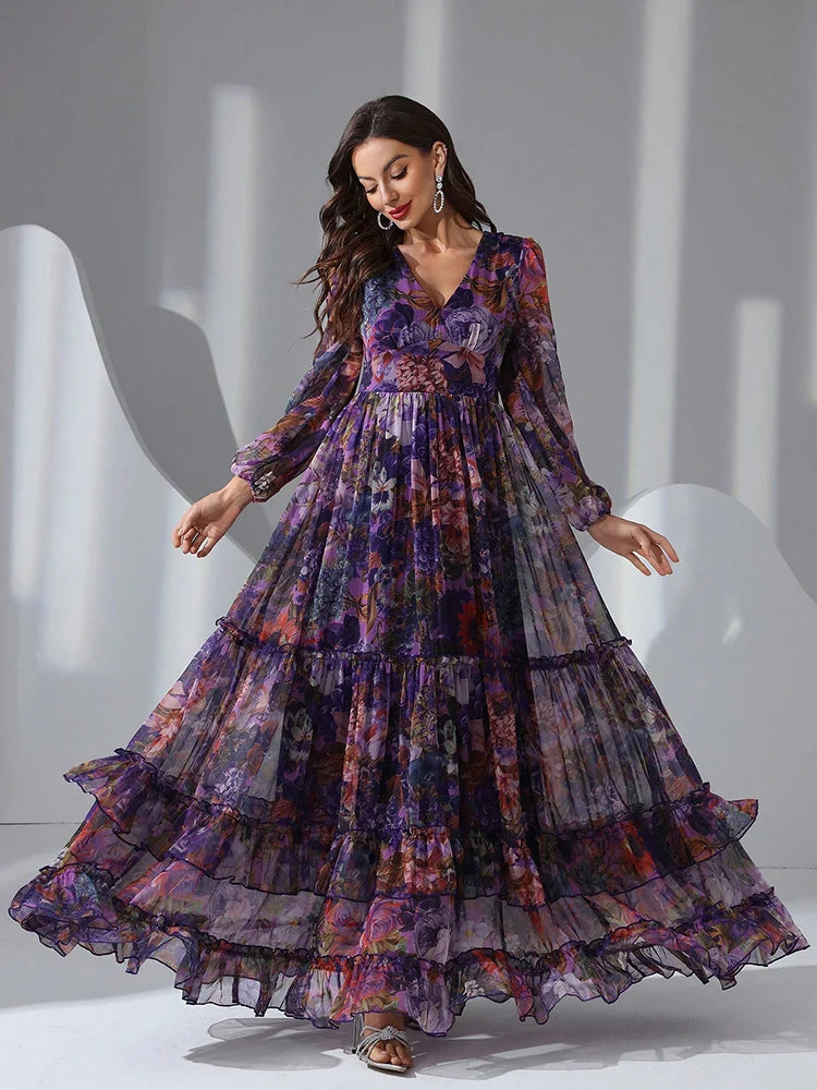 Elegant Floral Ruffle Hem Women's Maxi Dress