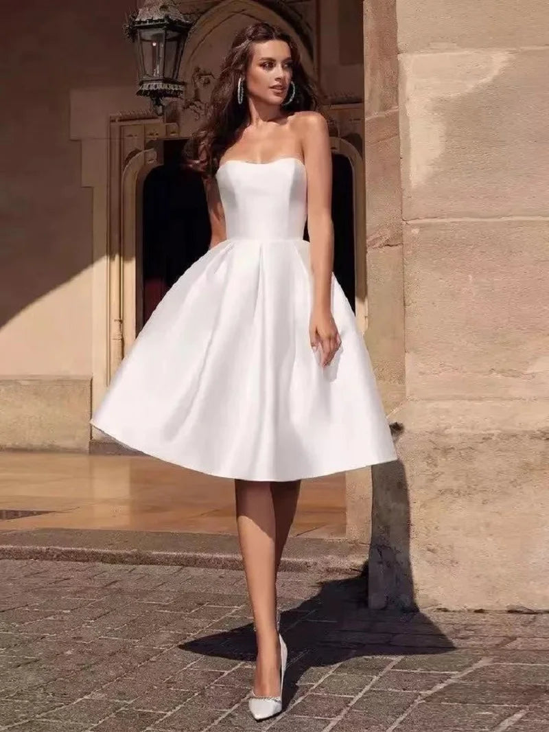short princess wedding dresses Satin Princess Bow Tie Wedding Dress with Puff Short Sleeves Ball Gown Bridal Dress AWD1796