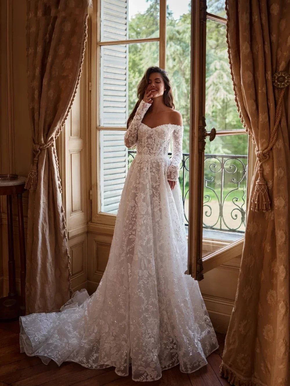 Shiny Off Shoulder Women's Lace Wedding Gown