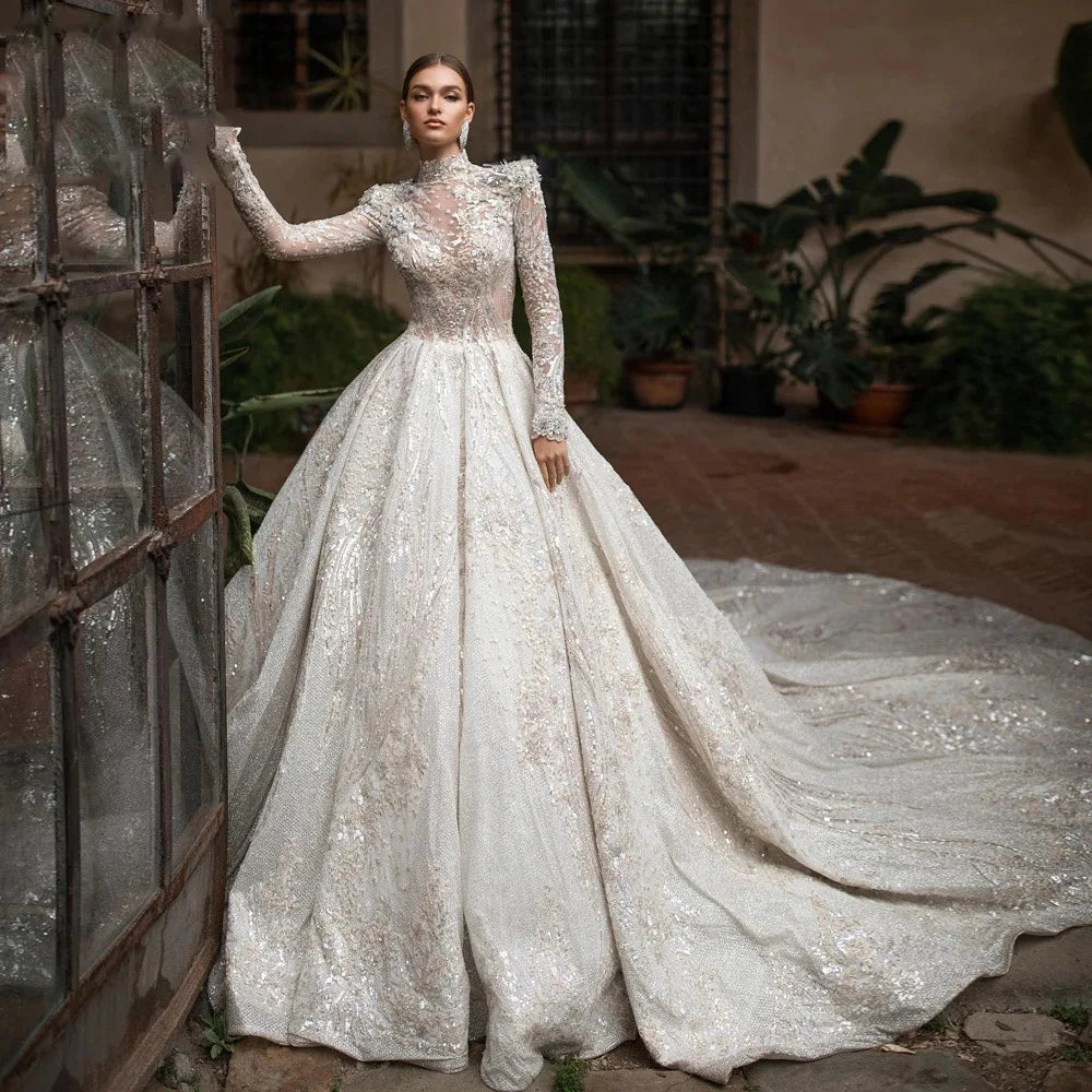 long sleeve wedding dress with collar Modest High Collar Arabian Bridal Gown