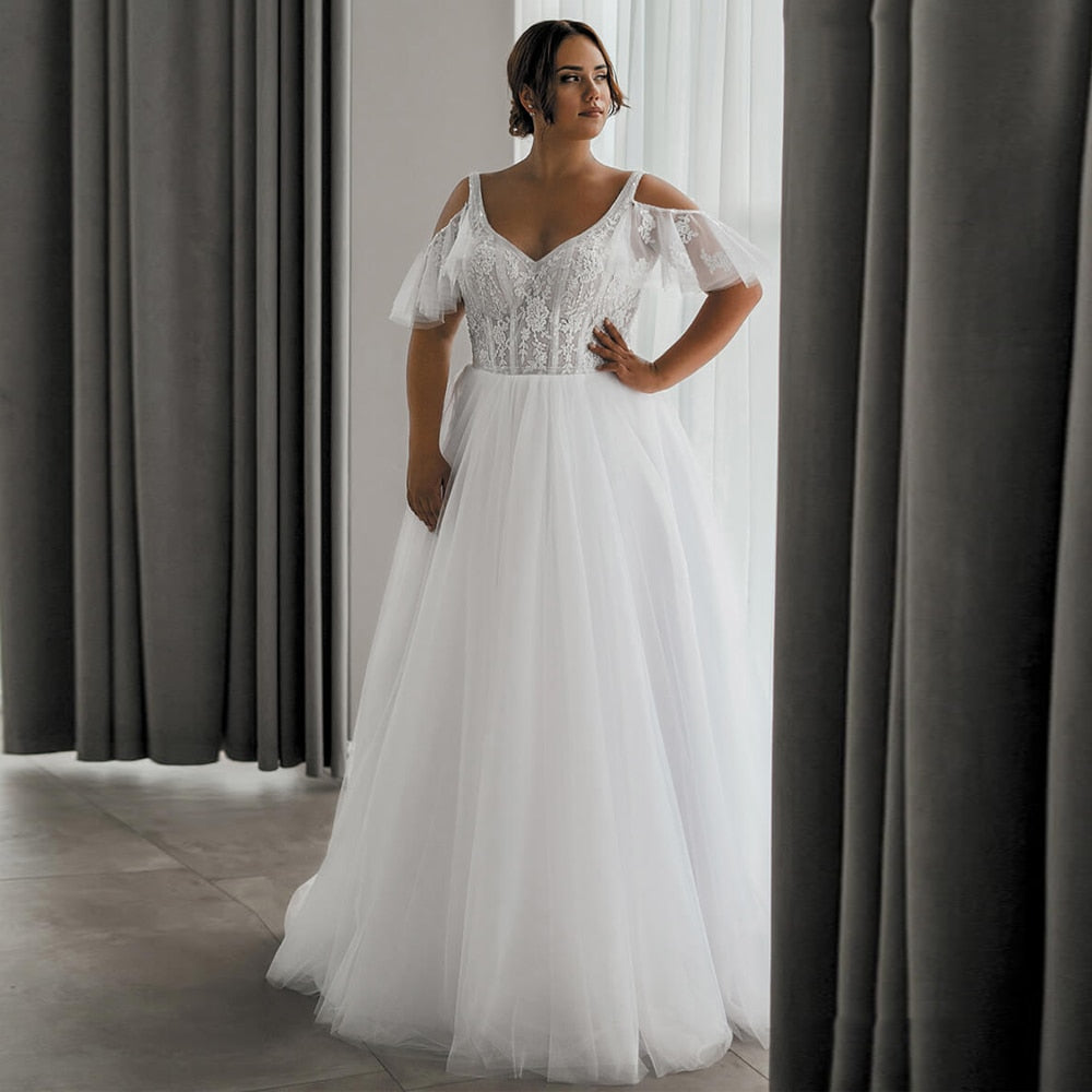Beading Short Sleeves Plus Size Bridal Dresses | All For Me Today, White / 24W Beading Short Sleeves Plus Size Bridal Dresses | All For Me Today, White / 24W