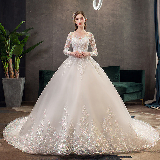 Full Sleeve Illusion Lace Embroidery Plus Size Bridal Dress