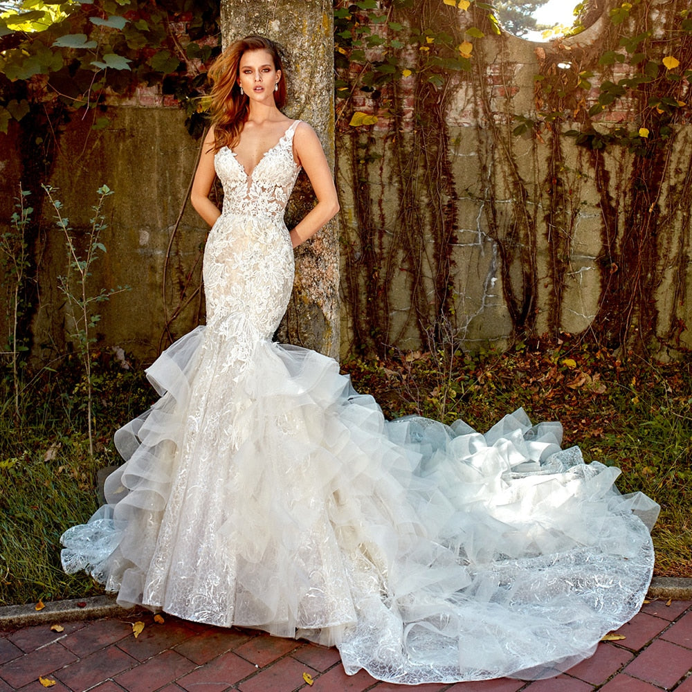 Illusion Ruffles Appliques Bridal Dress