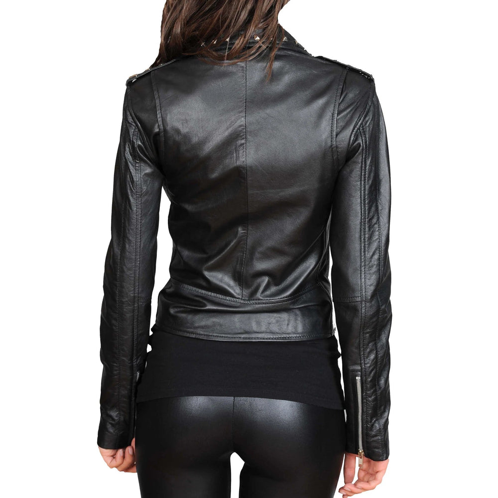 Ladies Studded Cropped Fitted Biker Leather Jacket | All For Me Today