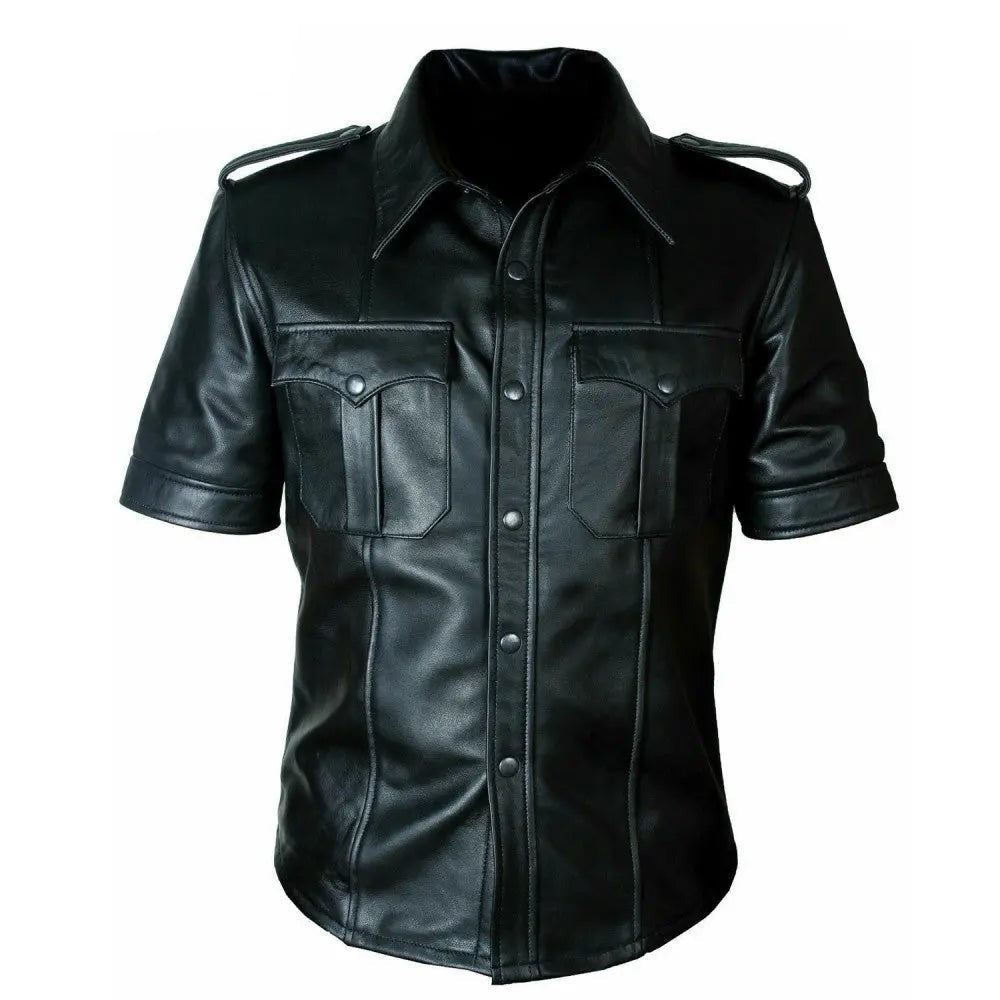Men's Black Leather Police Uniform Style Shirt | All For Me Today