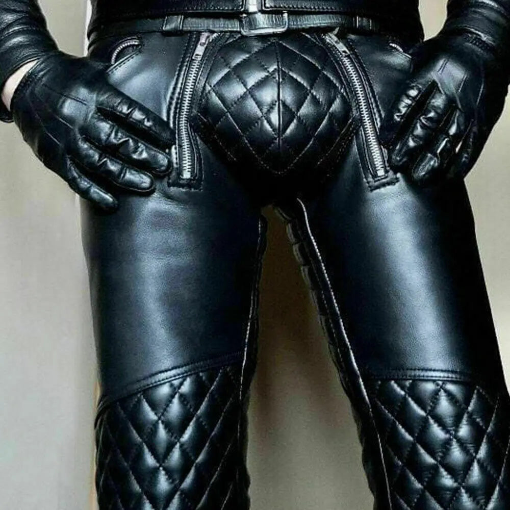 Men's Black Leather Quilted Bike Rider Pant | All For Me Today