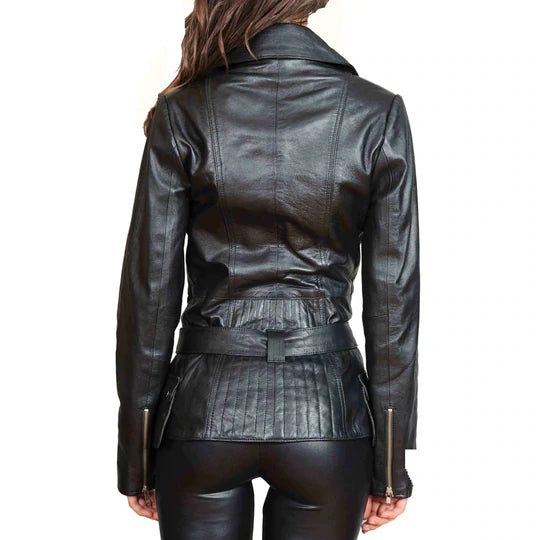 Mid Length Fitted Women's Sheepskin Leather Biker Jacket | All For Me Today