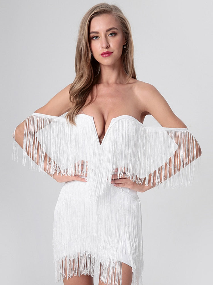 tassel off the shoulder dress Off Shoulder Strapless Tassel Mini Dress