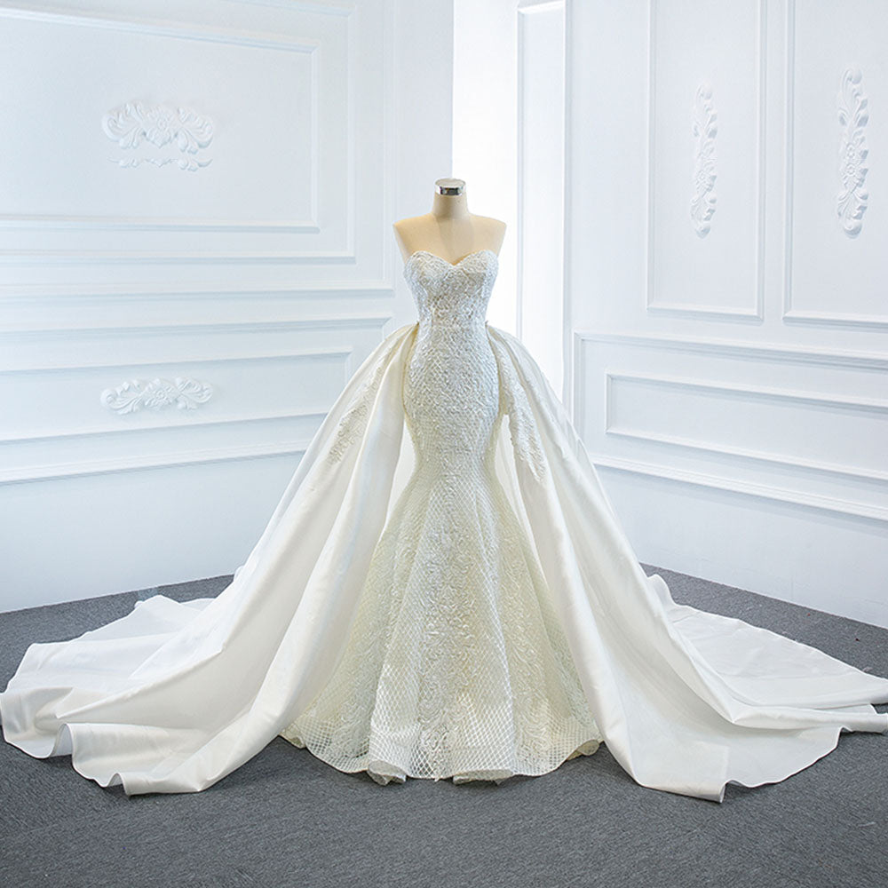 mermaid wedding dress with chapel train Pearls Lace Mermaid Wedding Dress With Detachable Chapel Train