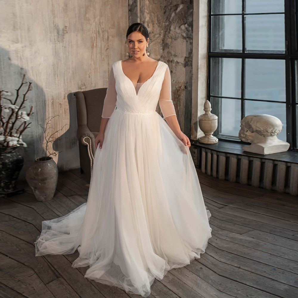 V Neck Long Sleeves Plus Size Women's Wedding Dress V Neck Long Sleeves Plus Size Women's Wedding Dress