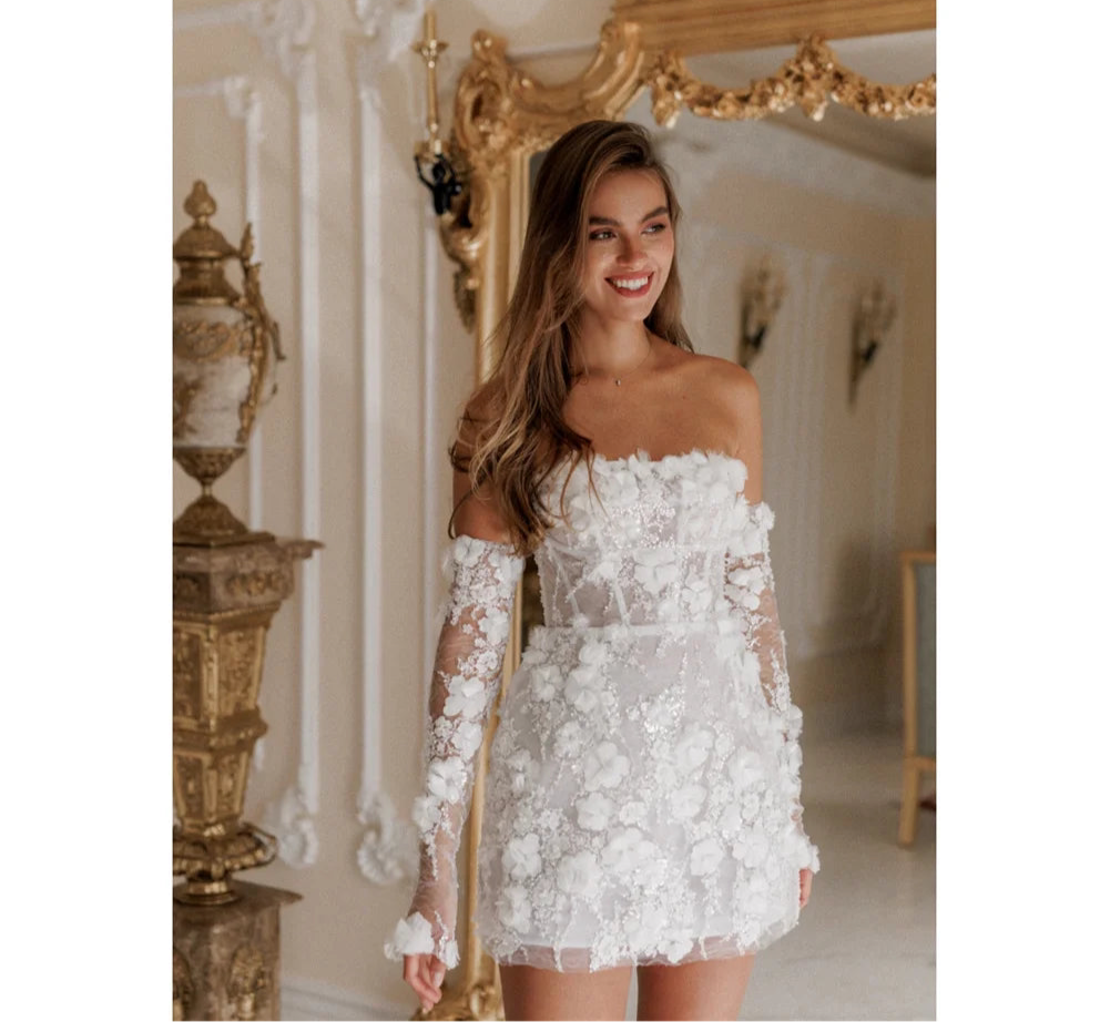 dreamy off-shoulder mini dress white Dreamy Beads String Women's Mini Wedding Dress