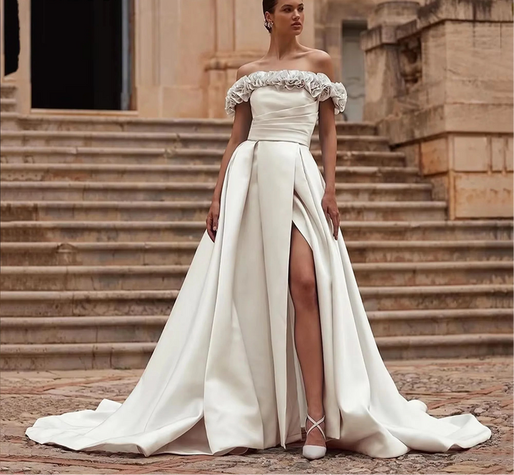 Fancy High Slit Satin Bridal Dress