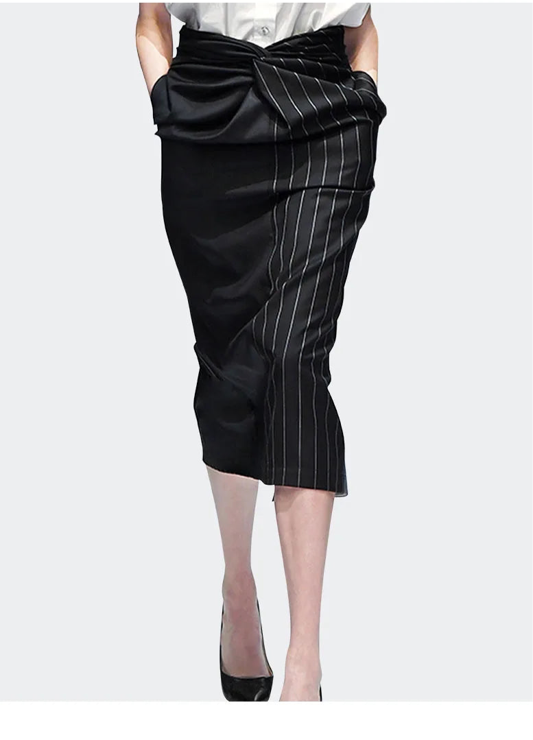 Fashionable Black Stripes Wrapped Pencil Skirt