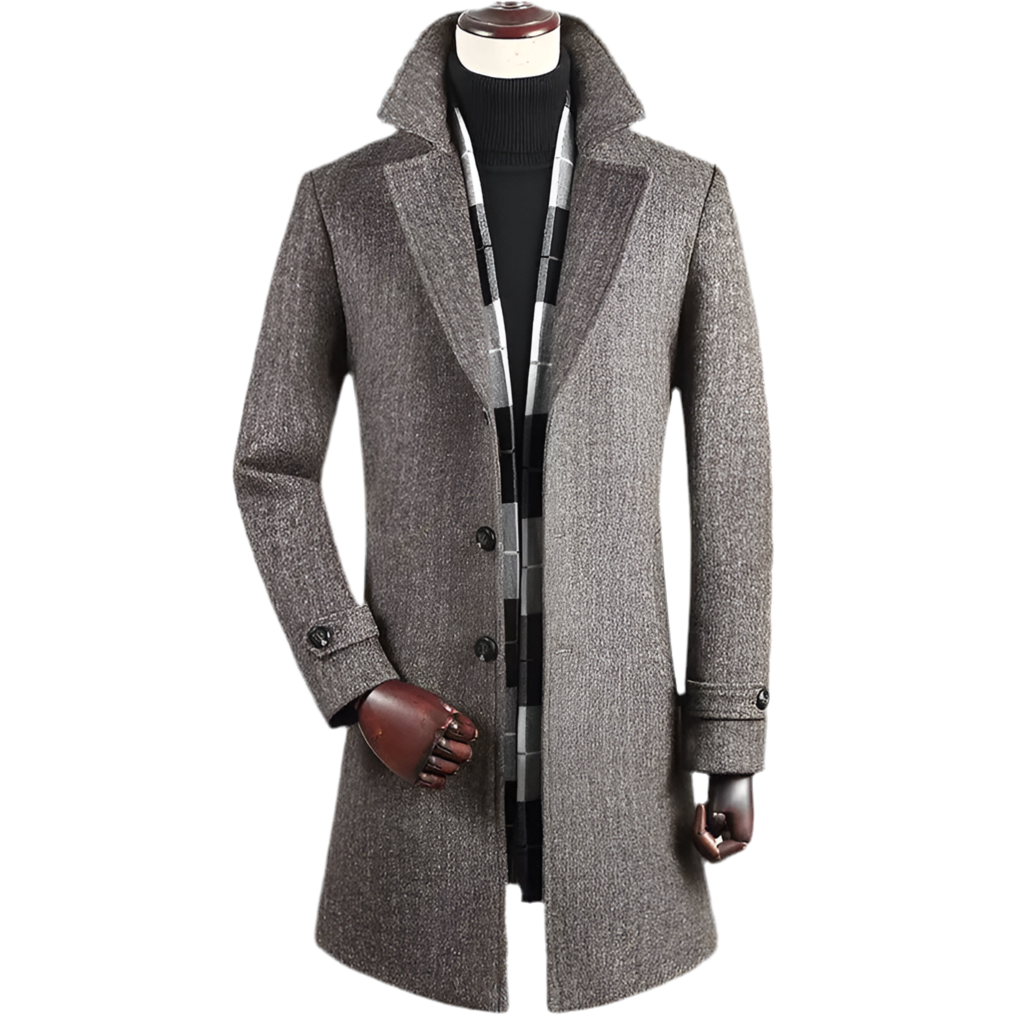 Gray overcoat on a mannequin with a white background