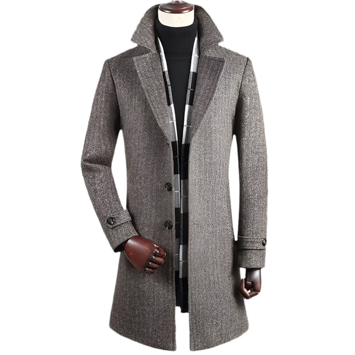 Gray overcoat on a mannequin with a white background