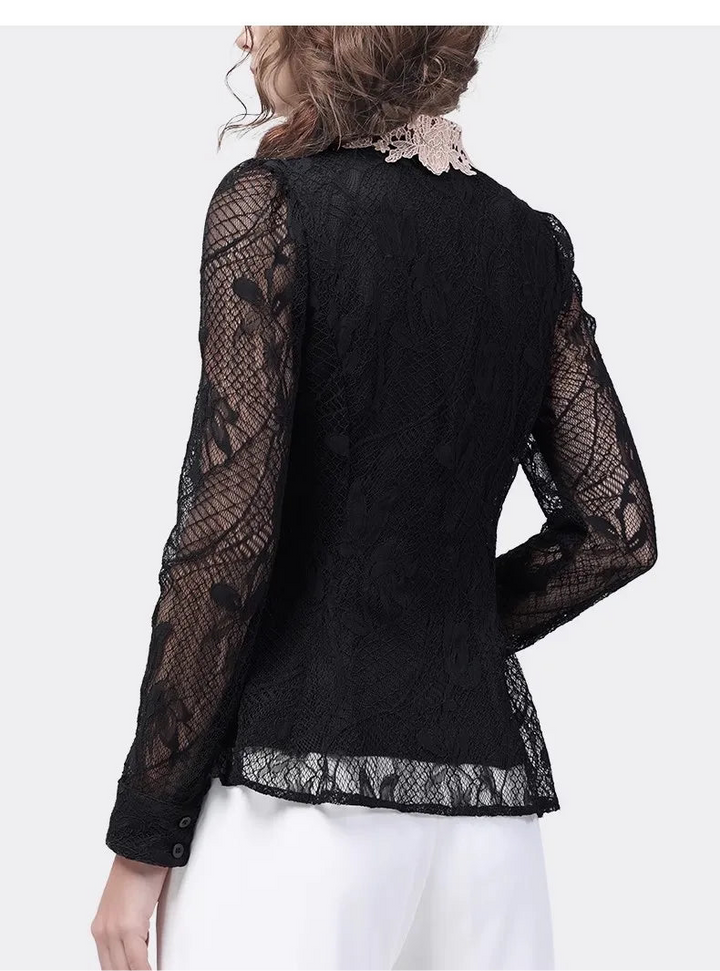 Stylish Hollow Out Black Lace Blouse