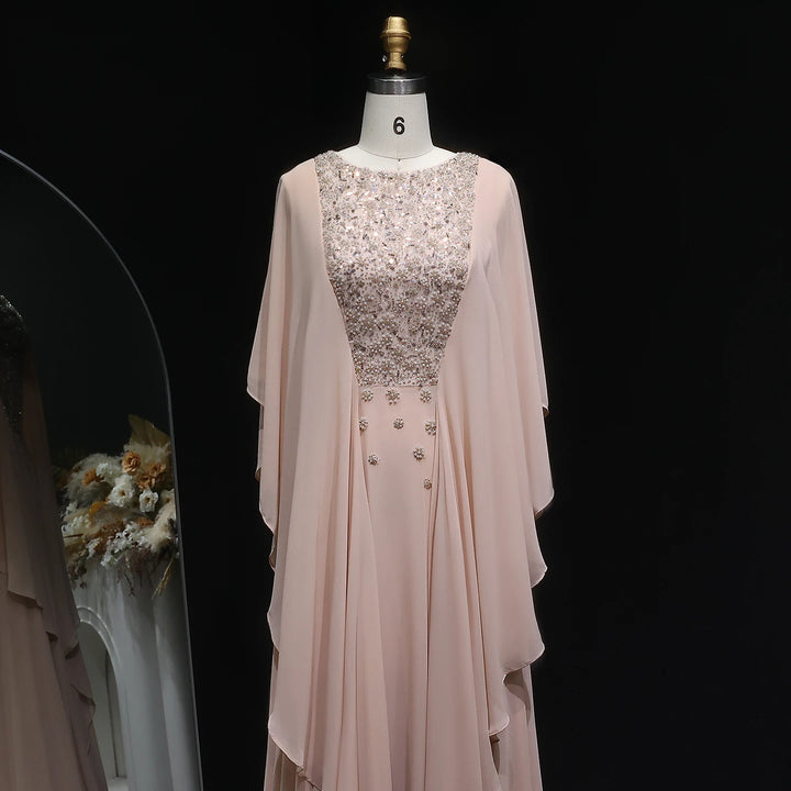 Elegant Ruffled Arabic Evening Dress-With Cape Sleeves
