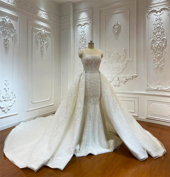 Beautiful Full Pearls Arabic Bridal Dress With Removable Skirt