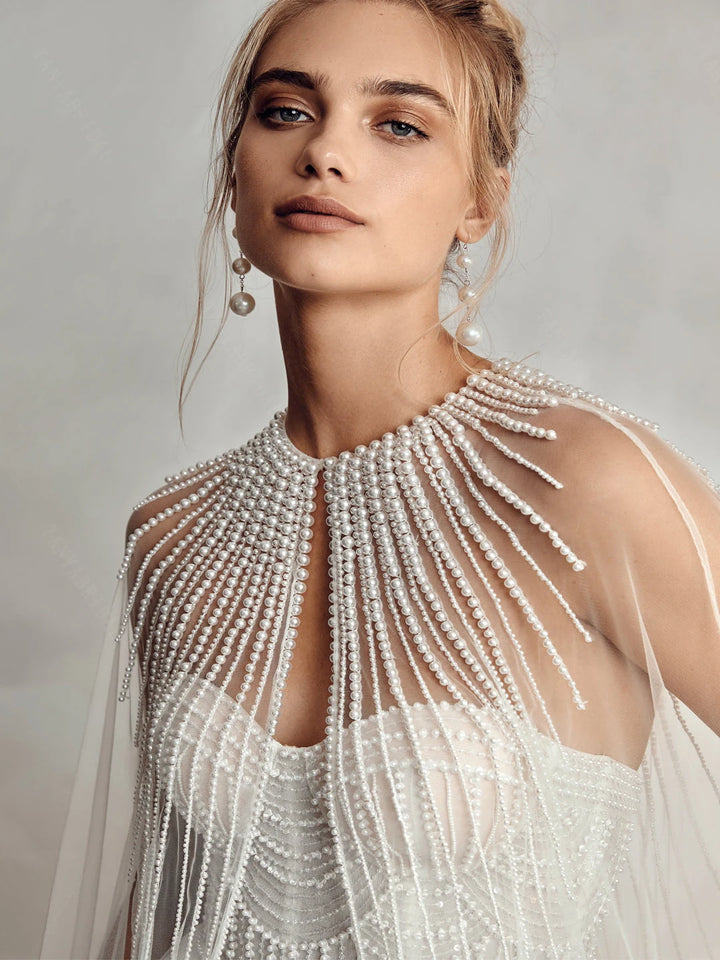 Refined Pearl Embellished Bridal Cape