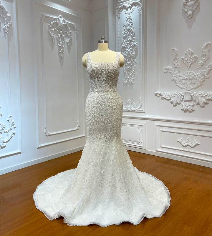 Beautiful Full Pearls Arabic Bridal Dress With Removable Skirt