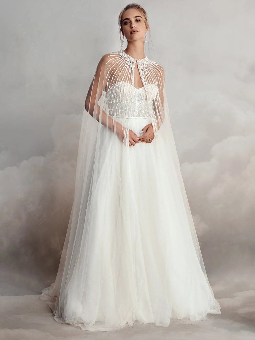 Refined Pearl Embellished Bridal Cape