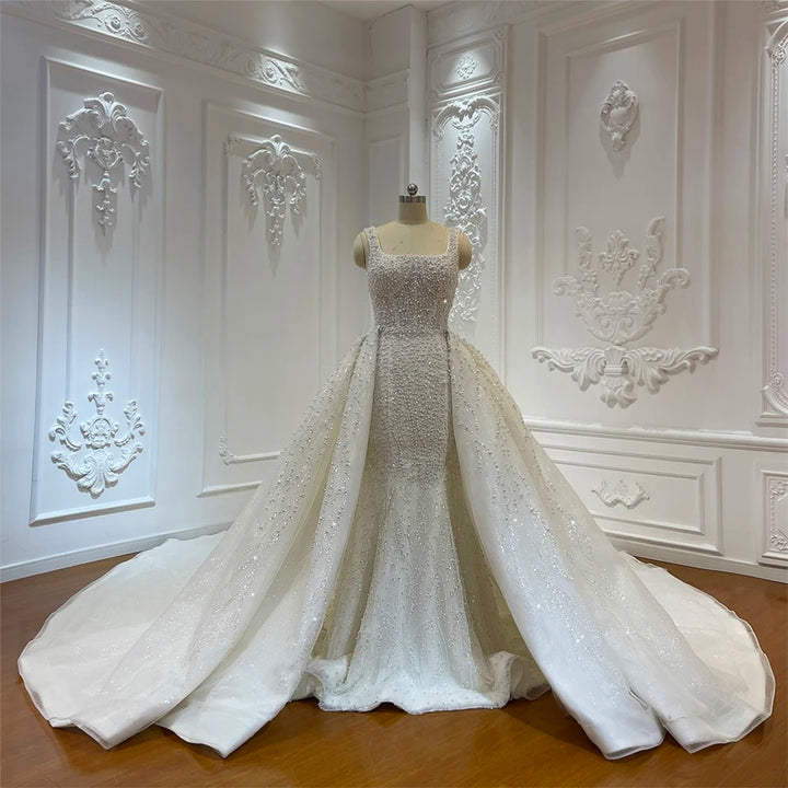 Beautiful Full Pearls Arabic Bridal Dress With Removable Skirt