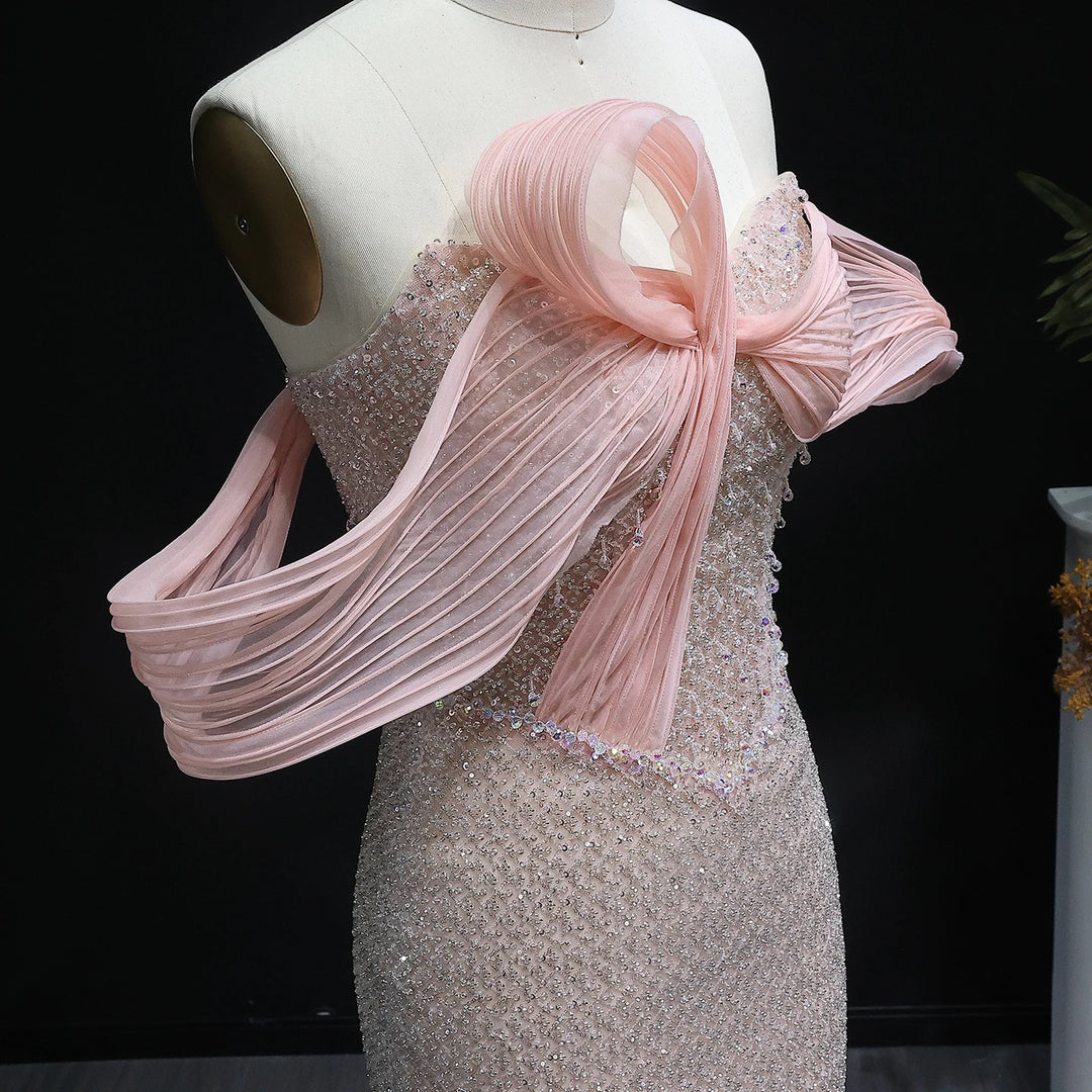 Off Shoulder Blush Pink Arabic Evening Dress