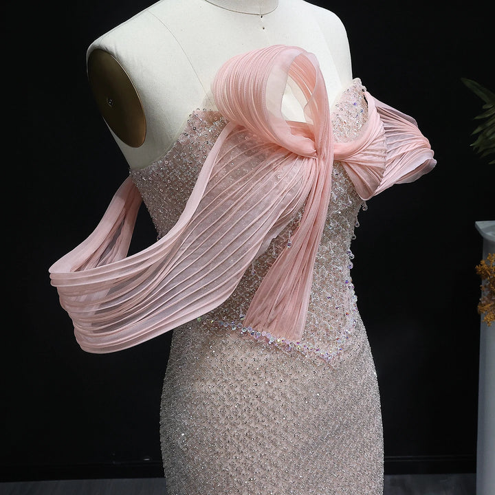 Off Shoulder Blush Pink Arabic Evening Dress