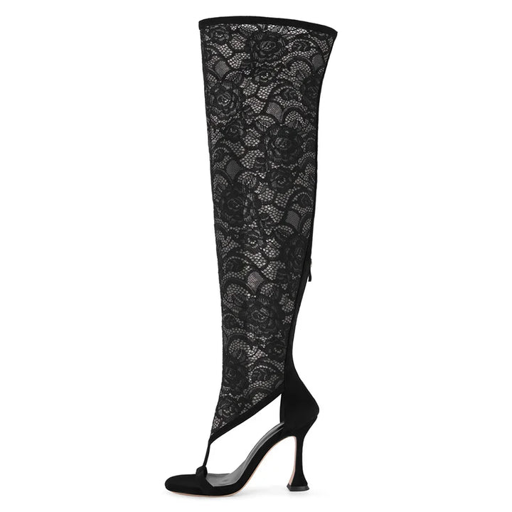 Refined Mesh Lace Thigh-High Boots