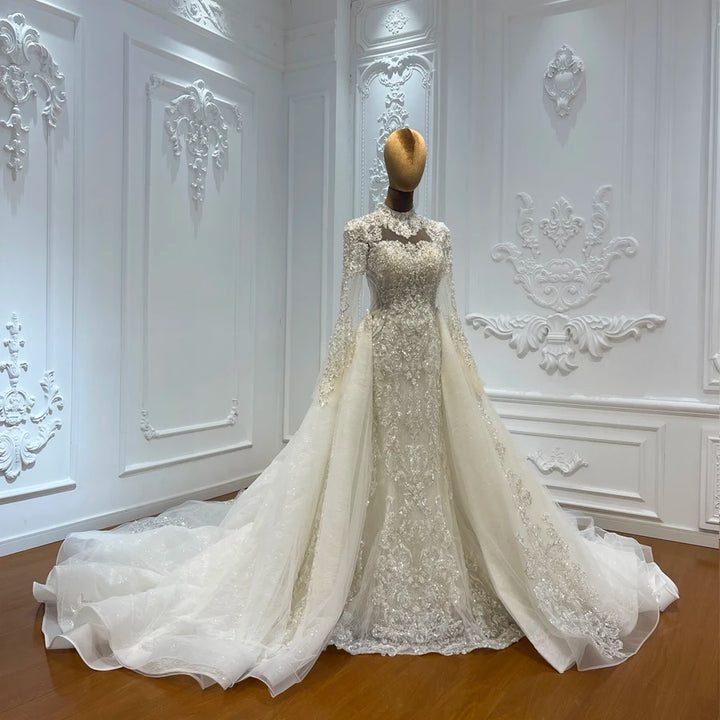 Ivory beaded lace skirt with fitted silhouette and cascading tulle train