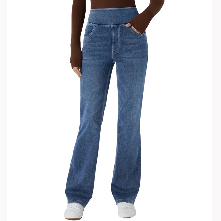 Light blue bootcut pull-on denim jeans with front pockets and stitched seams.