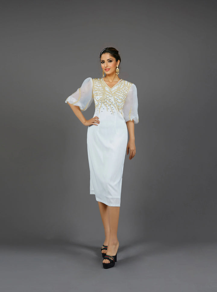 Gold Pearl Puff Sleeves Evening Dress