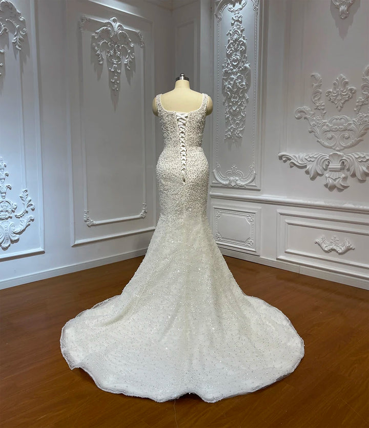 Beautiful Full Pearls Arabic Bridal Dress With Removable Skirt