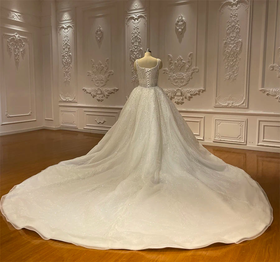 Beautiful Full Pearls Arabic Bridal Dress With Removable Skirt