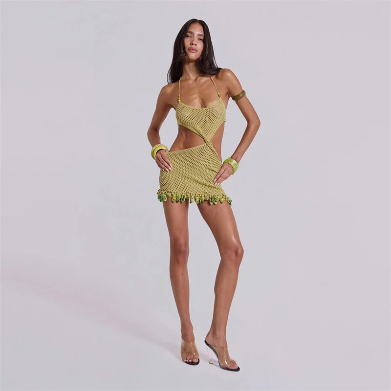 Army green crochet knit bikini cover-up with scoop neckline and tassel fringe