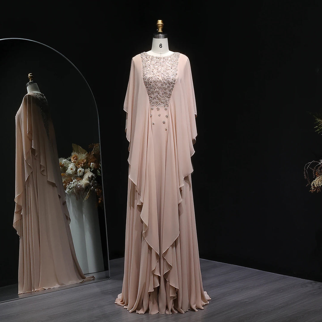 Elegant Ruffled Arabic Evening Dress-With Cape Sleeves - All For Me Today Elegant Ruffled Arabic Evening Dress-With Cape Sleeves - All For Me Today