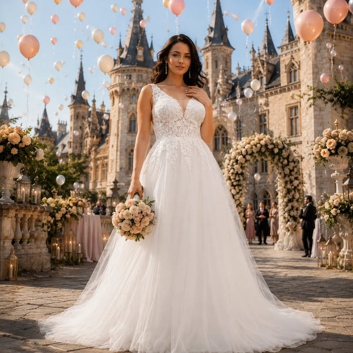 Classic plus size tulle wedding dress with lace bodice, sleeveless V-neck, full skirt