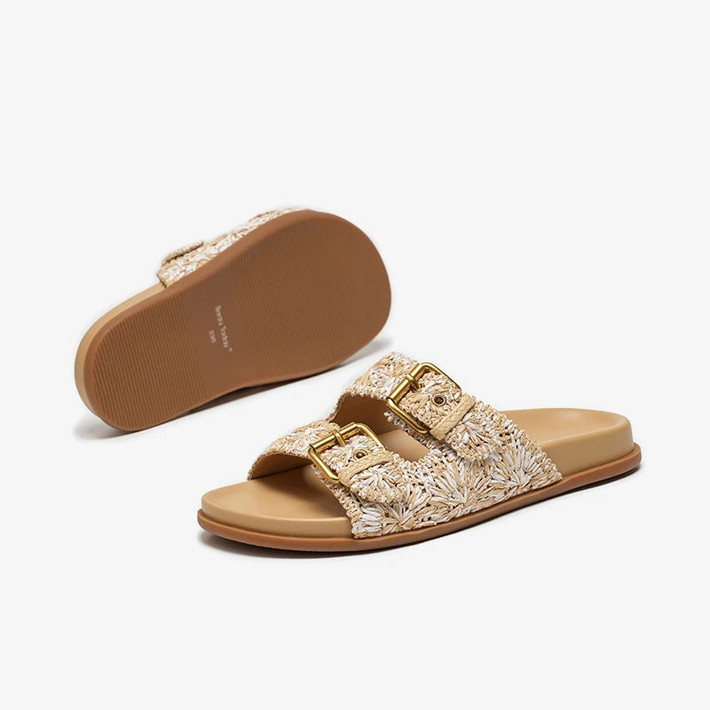 Charming Metal Buckle Flat Slippers