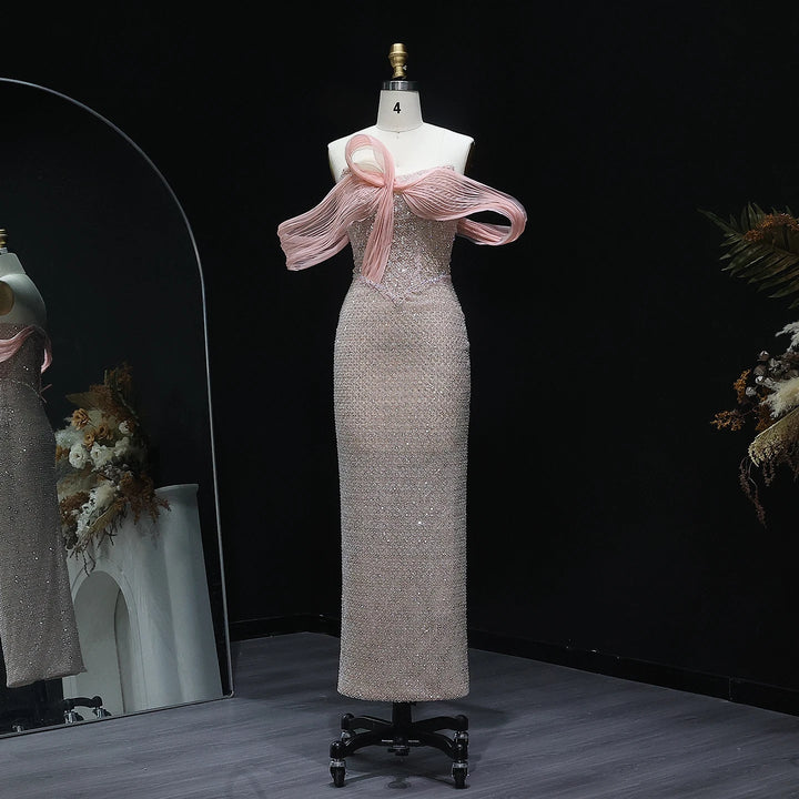 Off Shoulder Blush Pink Arabic Evening Dress