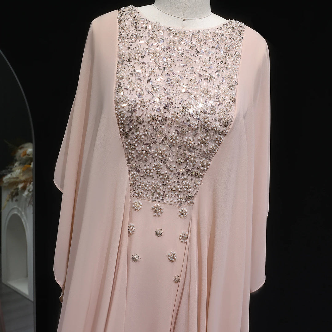 Elegant Ruffled Arabic Evening Dress-With Cape Sleeves