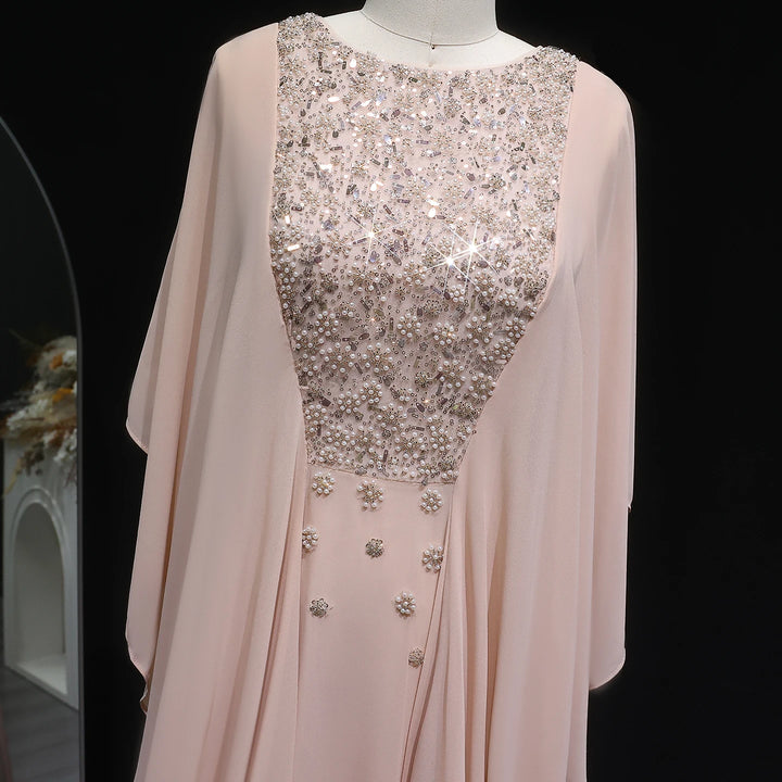 Elegant Ruffled Arabic Evening Dress-With Cape Sleeves