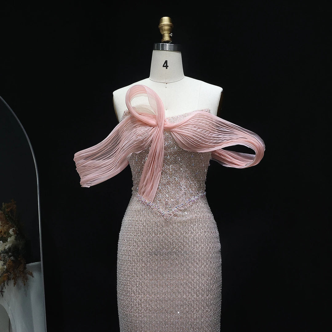 Off Shoulder Blush Pink Arabic Evening Dress