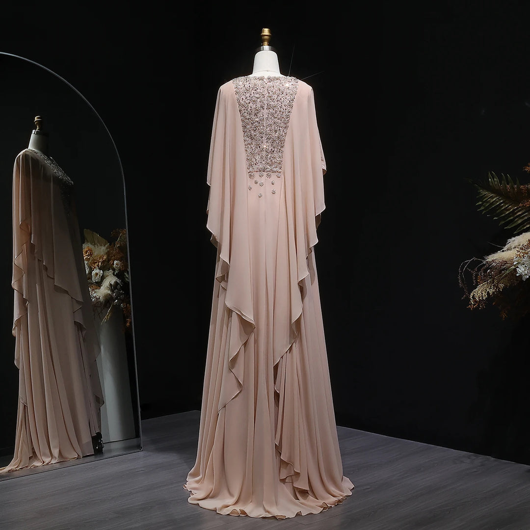 Elegant Ruffled Arabic Evening Dress-With Cape Sleeves