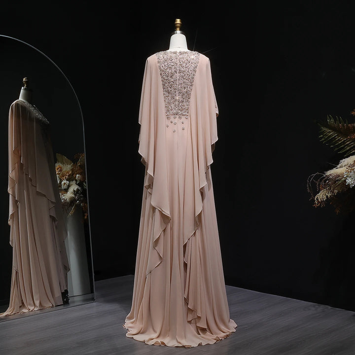 Elegant Ruffled Arabic Evening Dress-With Cape Sleeves