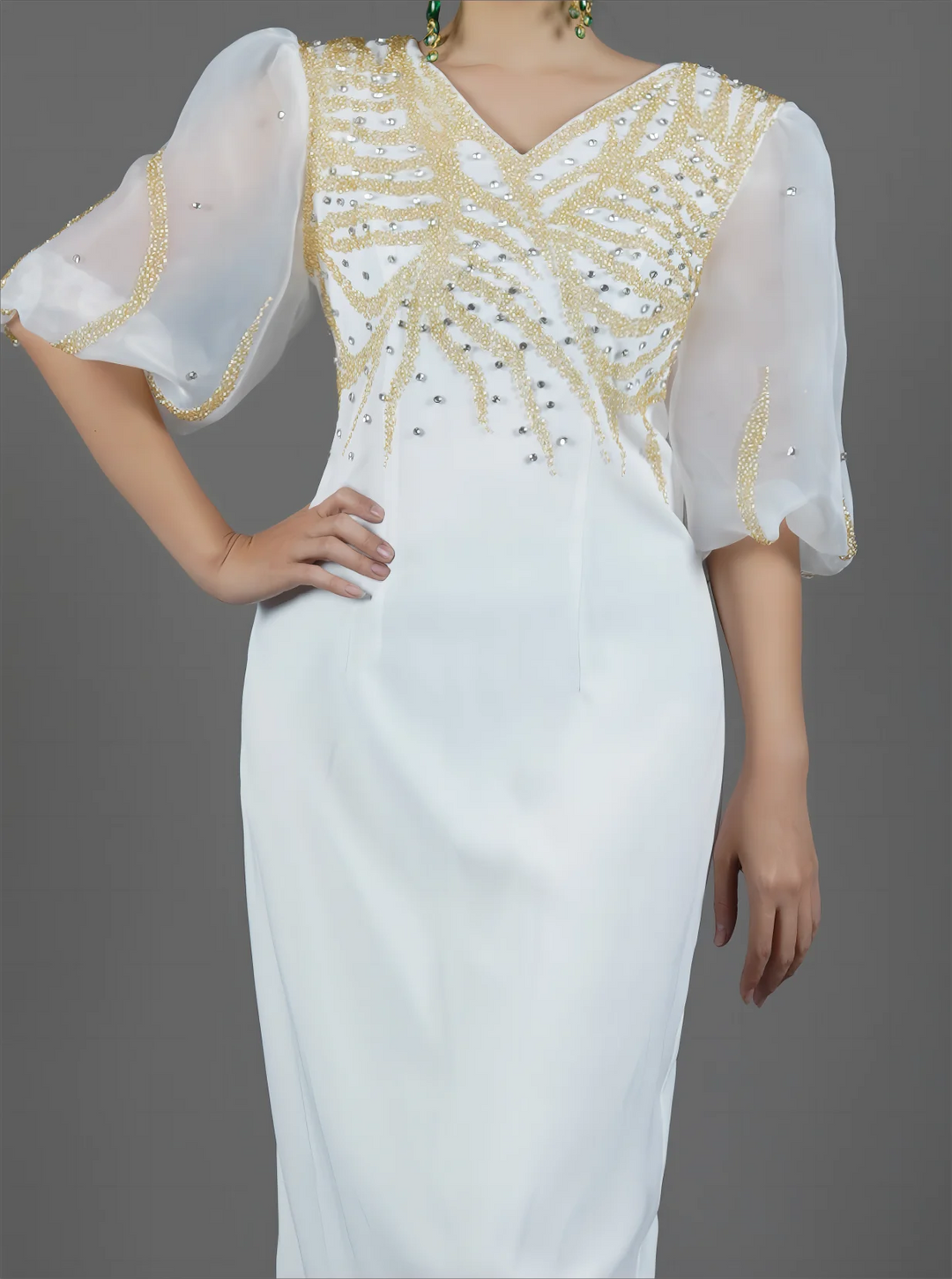 Gold Pearl Puff Sleeves Evening Dress