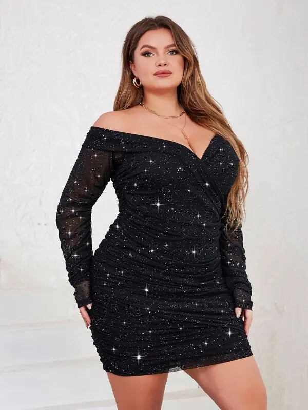 Glittery Off-Shoulder Ruched Dress